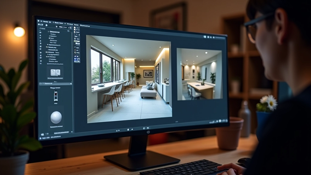 Computer monitor showing 3D interior design with professional lighting setup in studio workspace
