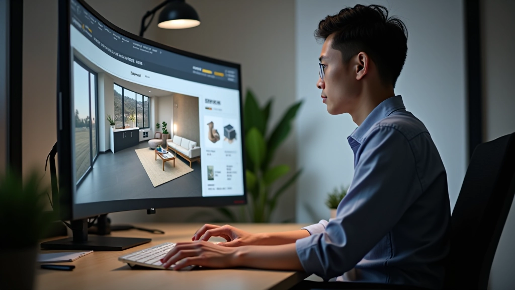 Designer working at computer with 3D visualization software showing architectural interior model