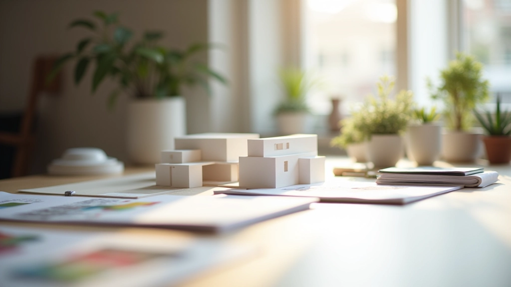 Modern design studio workspace with color samples and architectural models on desk