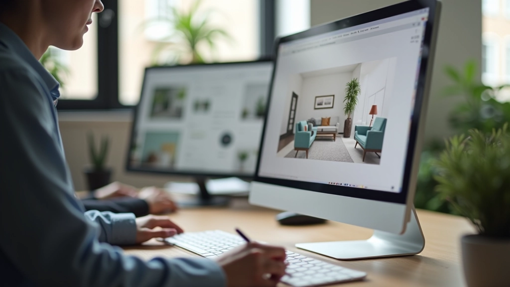 Person using tablet and stylus to sketch interior design while referencing 3D model on computer screen