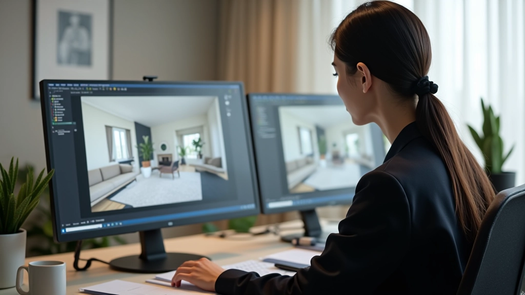 Interior designer working on 3D visualization software showing modern living room design