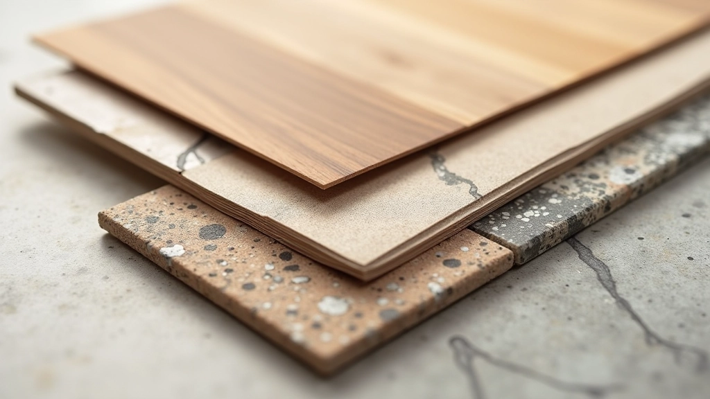 Close-up of various material samples including wood finishes, upholstery fabrics, and stone textures layered together showing tactile design elements