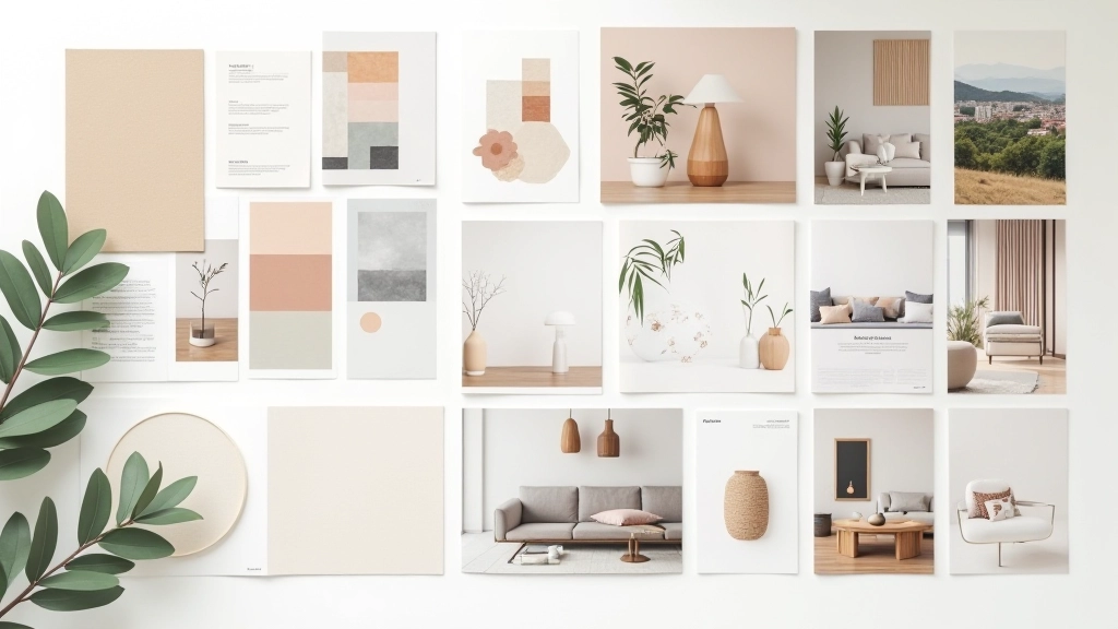 Mood board created with fabric swatches, paint samples, and furniture reference images arranged on neutral background