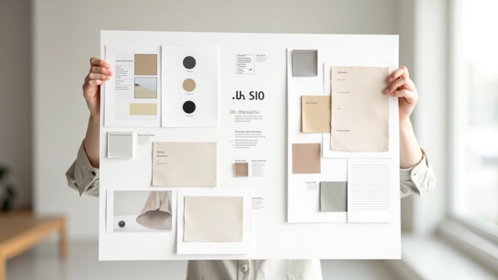 Professional mood board mounted on museum board with labeled material samples arranged in balanced composition showing color palette, textures, and reference imagery