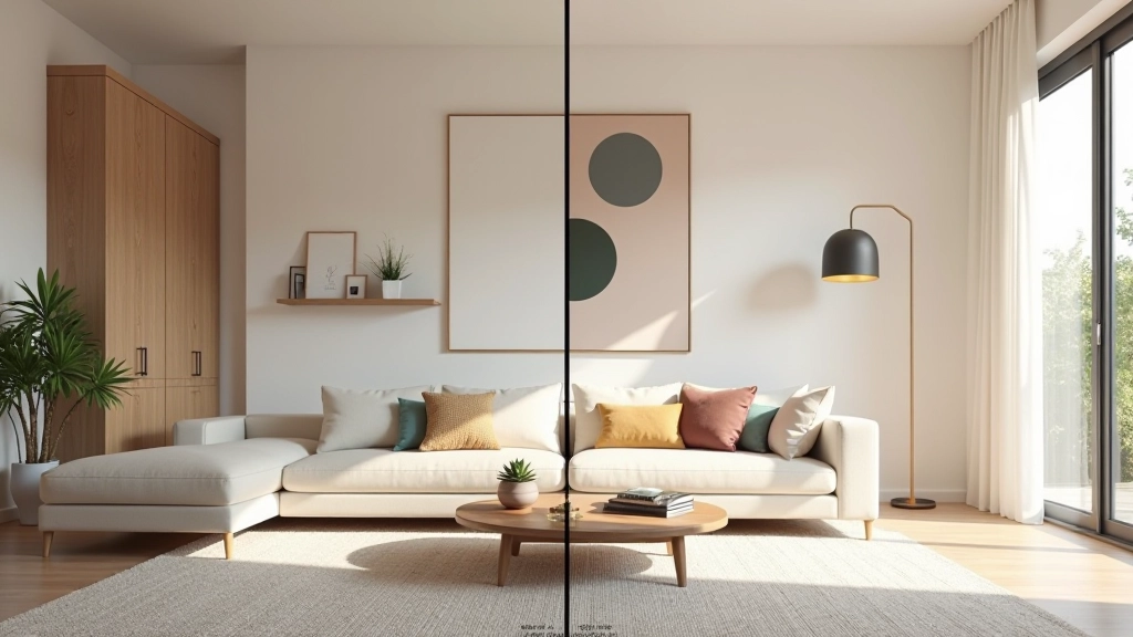 Before and after comparison of interior space with 3D rendering showing proposed design changes and improvements