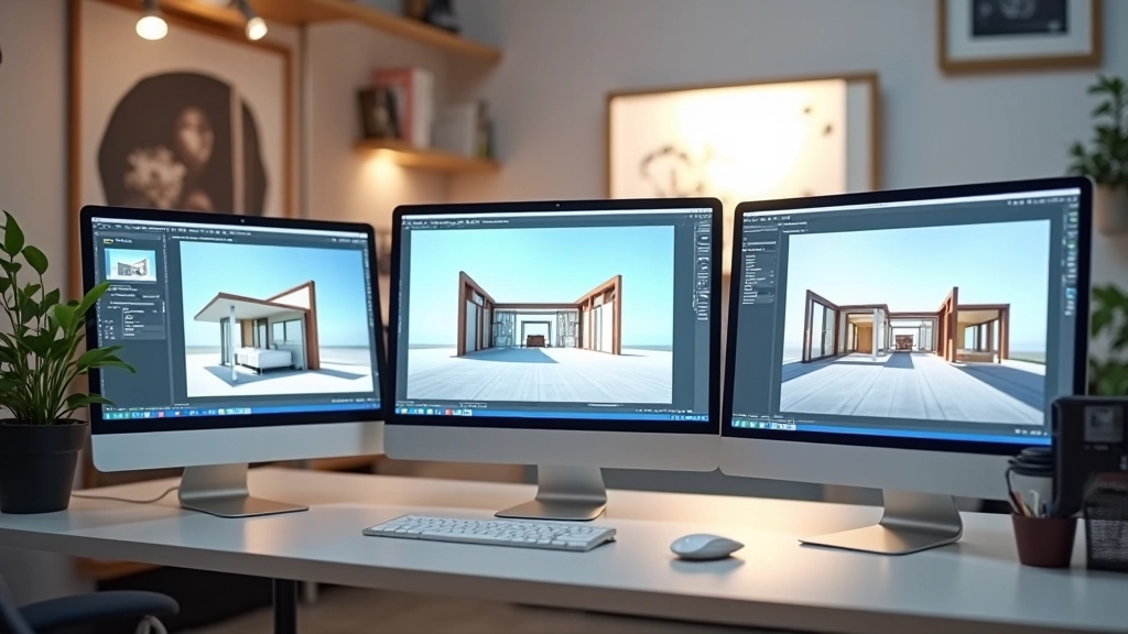 Three computer monitors displaying different 3D design software interfaces with architectural models